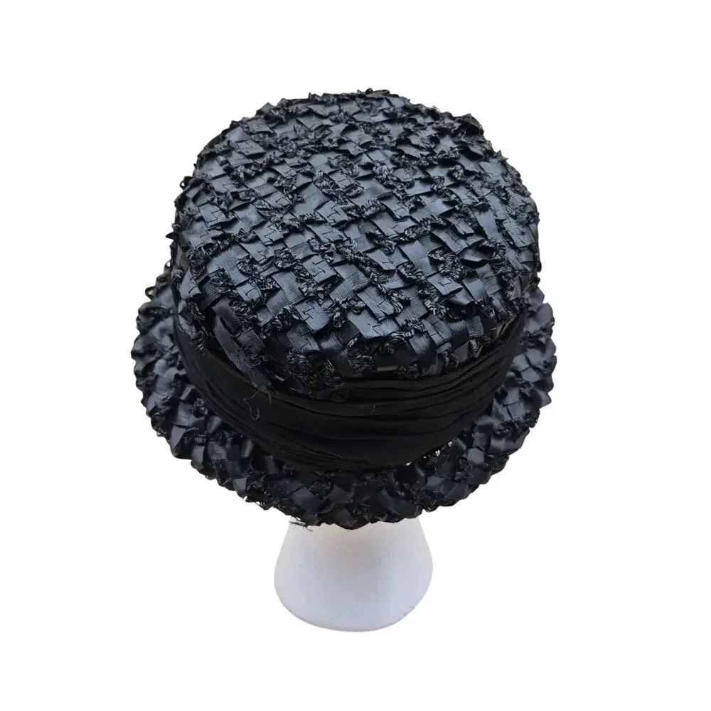 Vintage Womens Black Straw Trilby Hat with Pearl & Rhinestone Pin Accent Small